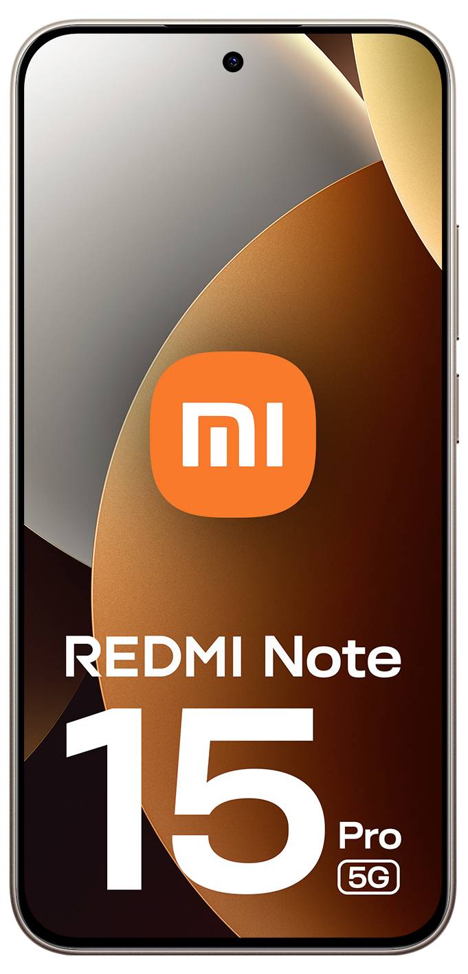 Obrazovka chytrého telefonu zobrazující logo a název "REDMI Note 15 Pro 5G" na barevném abstraktním pozadí.