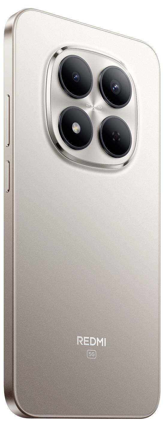 Elegantní chytrý telefon s kovovou povrchovou úpravou, čtyřnásobnou kamerovou soupravou na zadní straně, označený "Redmi 5G" v dolní části.