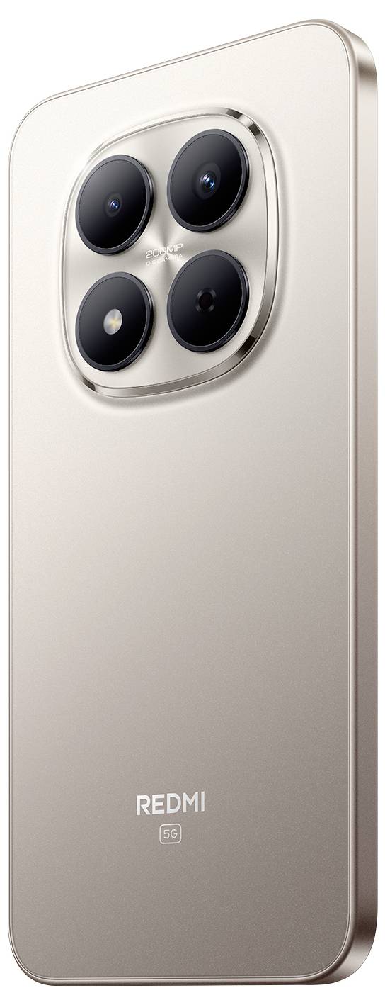Béžový chytrý telefon se čtyřmi zadními fotoaparáty v čtvercovém modulu, elegantní design a logo "Redmi" dole.