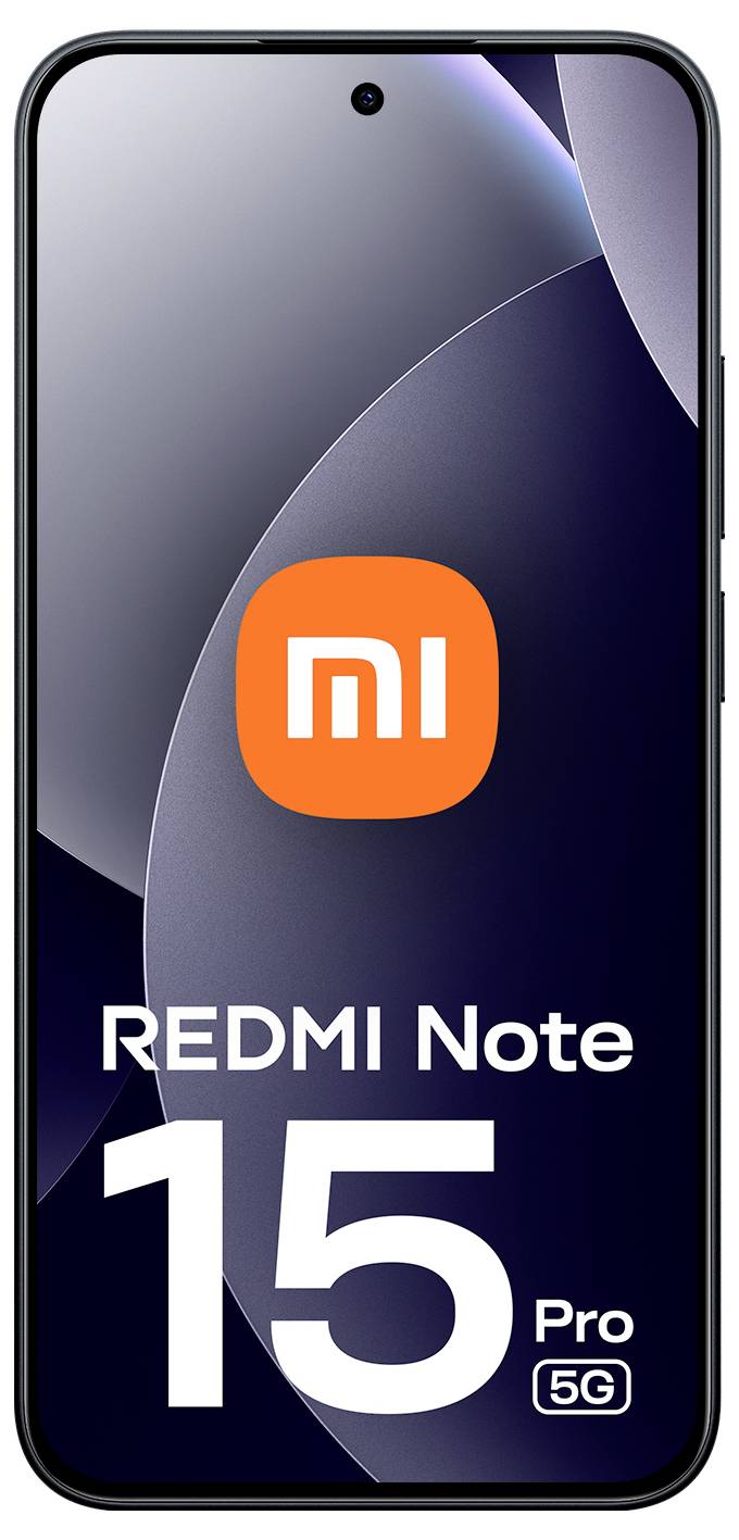 Displej chytrého telefonu "REDMI Note 15 Pro 5G" s velkým logem "mi" na tmavém abstraktním pozadí.