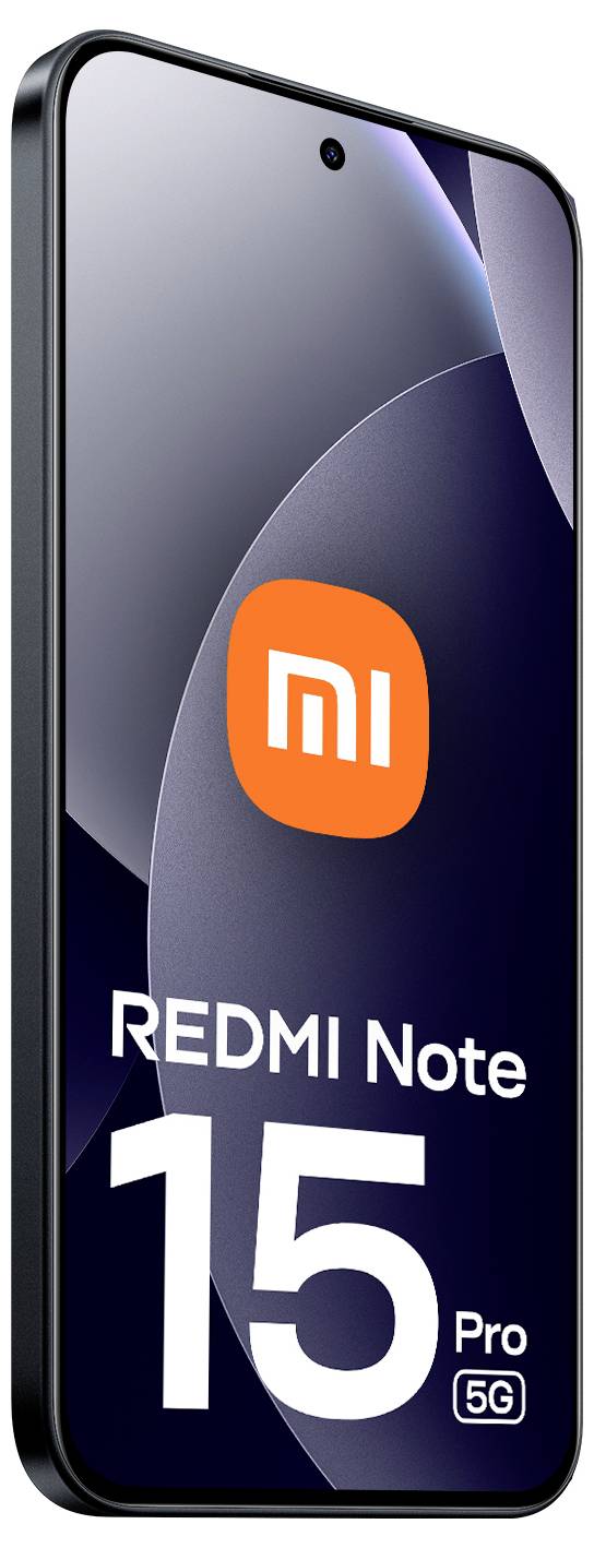 Displej chytrého telefonu zobrazující logo 'REDMI Note 15 Pro 5G' s zakřiveným tělem a přední fotoaparátem.