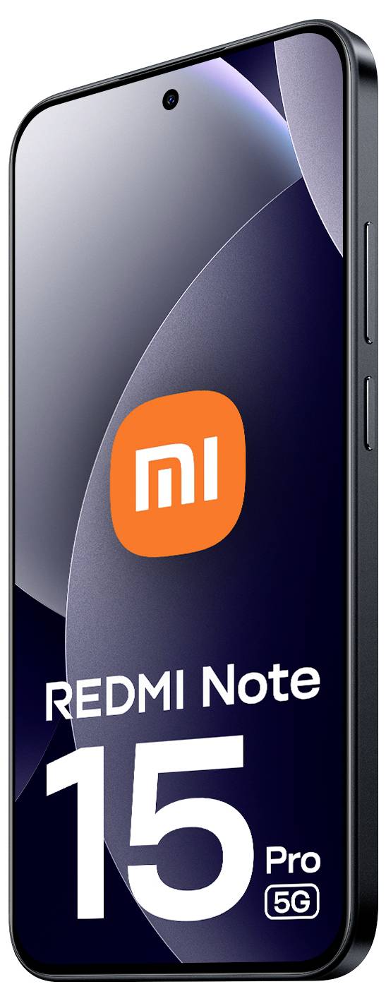 Smartphone s textem "REDMI Note 15 Pro 5G" na obrazovce, s výrazným oranžovým logem Xiaomi a elegantním černým designem.