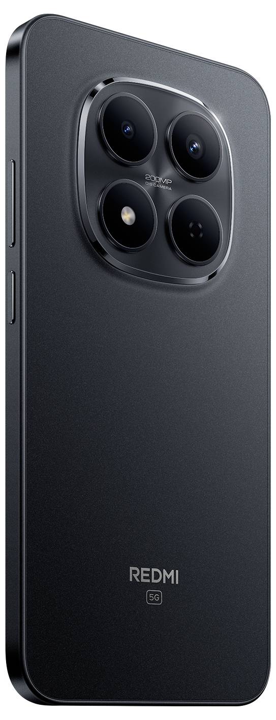 Elegantní černý chytrý telefon se čtyřnásobným fotoaparátem na zadní straně, s názvem značky "Redmi 5G" v dolní části.