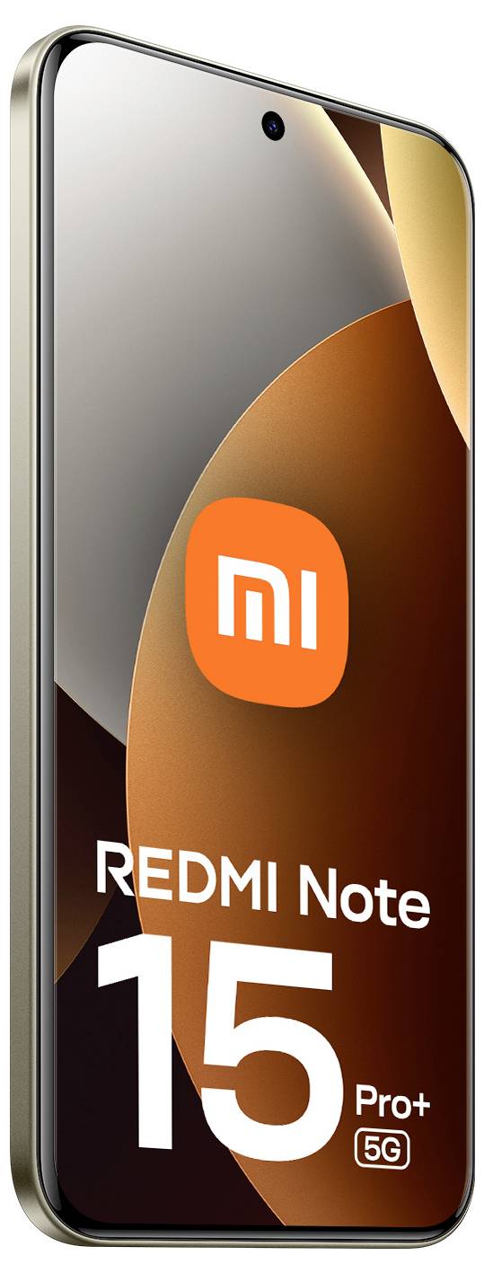Smartphone s nápisem "REDMI Note 15 Pro+ 5G" na obrazovce, zlatý rám, s designem zakřiveného okraje a displejem s minimálním rámečkem.