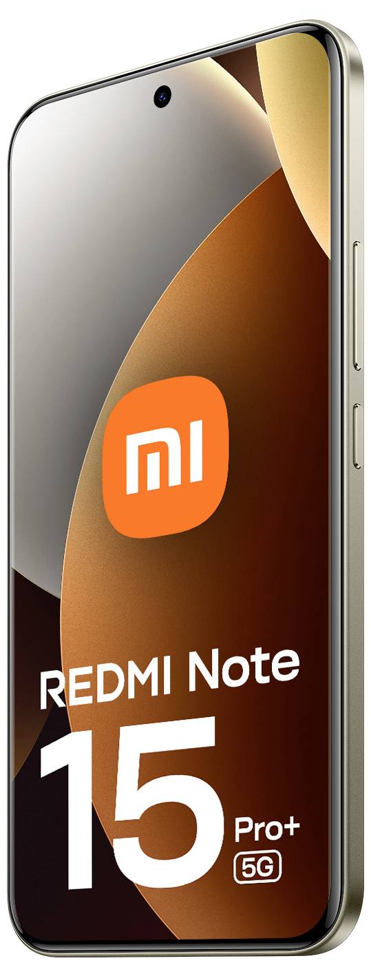 Smartphone se stylizovaným designem zobrazující na displeji text "REDMI Note 15 Pro+ 5G" a logo značky.