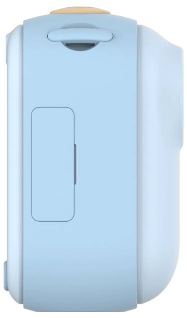 Boční pohled na malou, modrou kameru s kulatým objektivem. Kamera má minimalistický design s hladkým povrchem a tlačítkem na vrcholu.