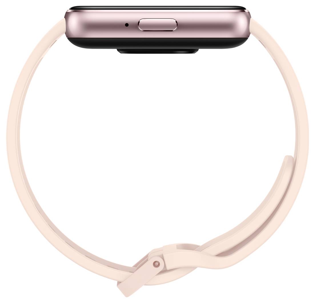 Chytré hodinky z růžového zlata s lehce růžovým řemínkem zobrazené z boku, které vykazují elegantní minimalistický design a zaoblený obdélníkový ciferník.