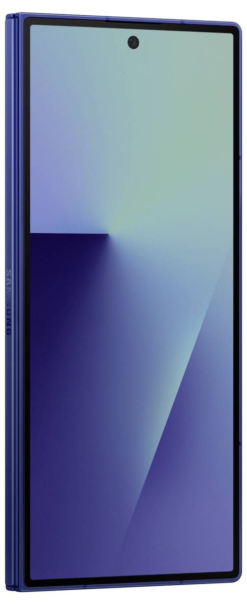 Moderní smartphone s velkým displejem bez rámů, malou přední kamerou umístěnou uprostřed vrcholu a elegantním modrým rámem.