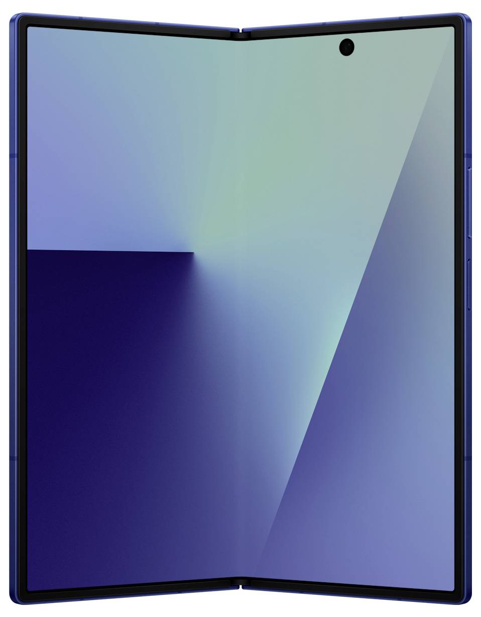 Sklapný chytrý telefon částečně otevřený, zobrazující gradientní obrazovku se světlými a tmavými odstíny modré barvy, která zvýrazňuje všestrannost zařízení.