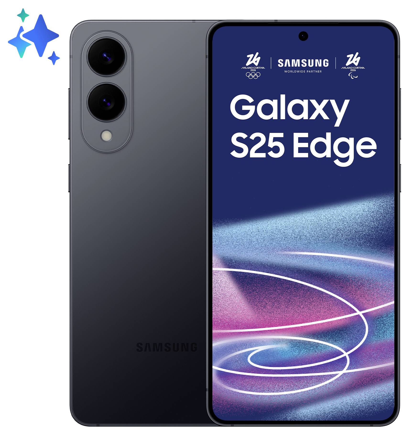 Smartphone 'Samsung Galaxy S25 Edge' s duálními zadními fotoaparáty a barevným displejem, s názvem zařízení a značením olympijských her.