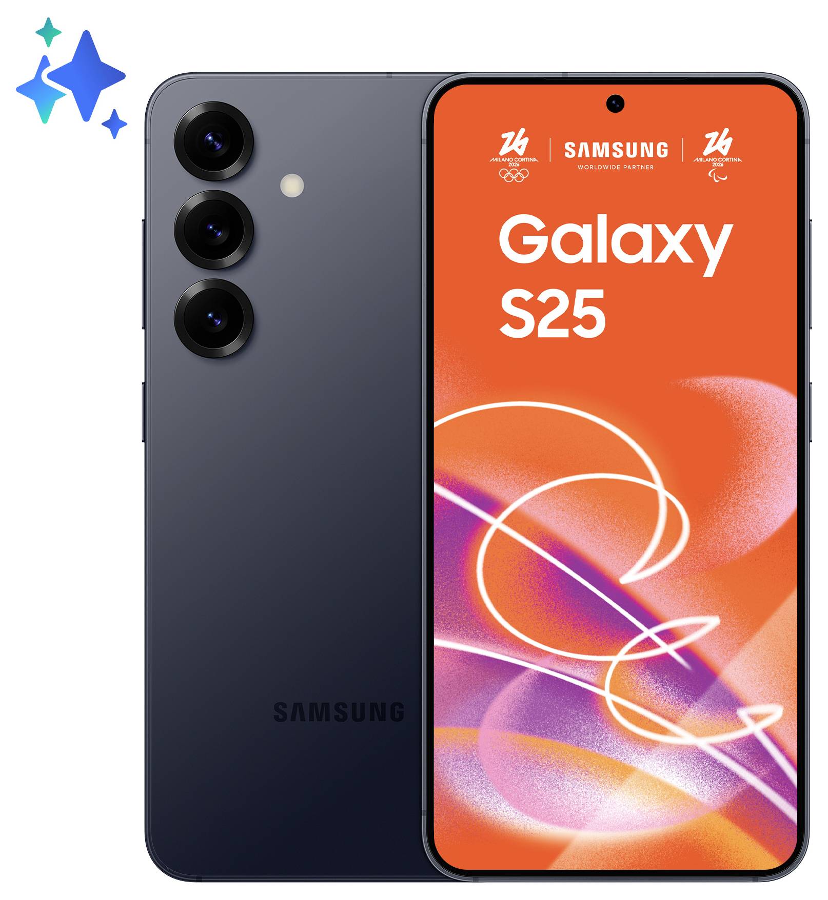 Smartphone Samsung Galaxy S25 se trojitým fotoaparátem zobrazený v černé barvě s vibrantním oranžovým displejem.
