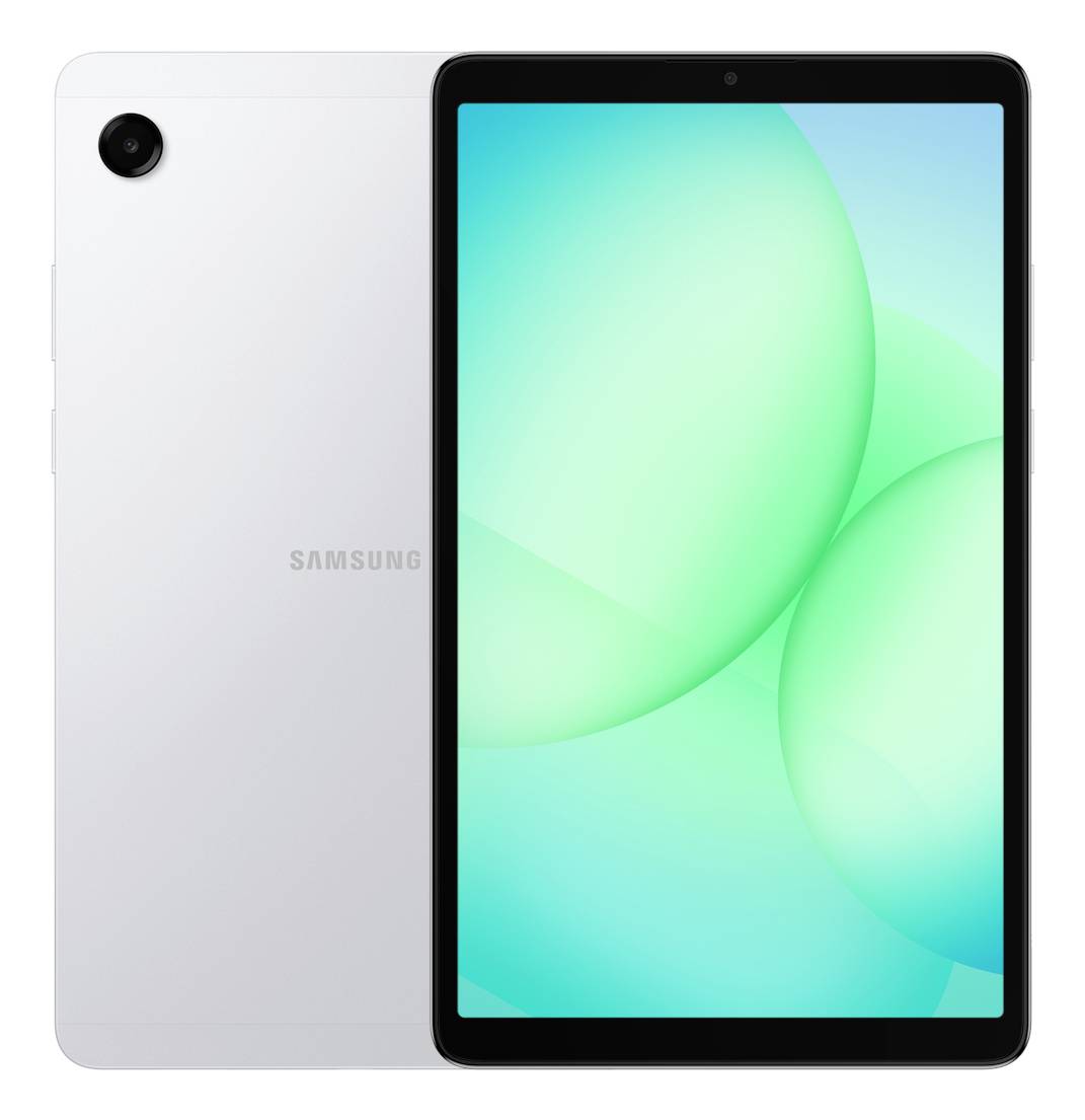 Bílý tablet se černým okrajem obrazovky, který zobrazuje zelené abstraktní pozadí. Na zadní straně zařízení je viditelný fotoaparát.