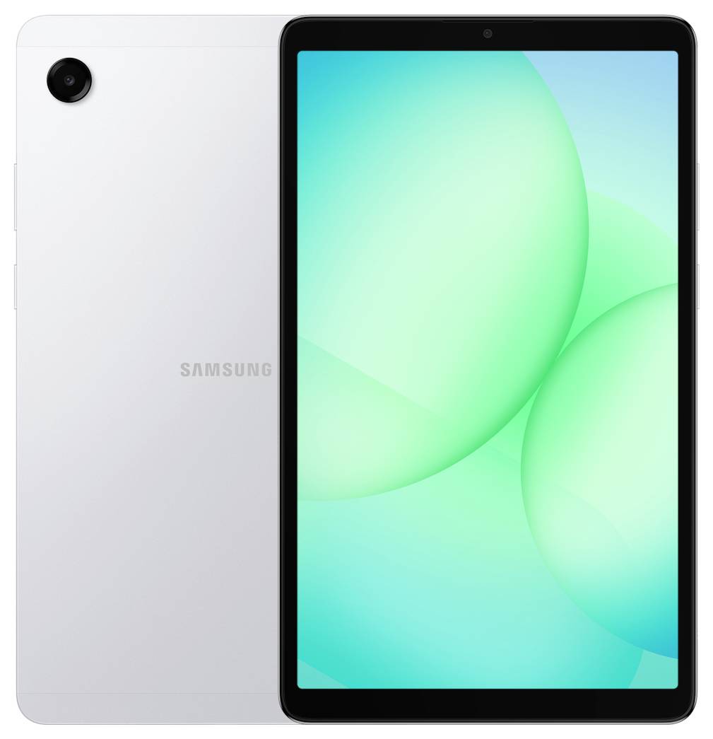 Přední a zadní pohled na bílý tablet Samsung s živým zeleným abstraktním designem na displeji.