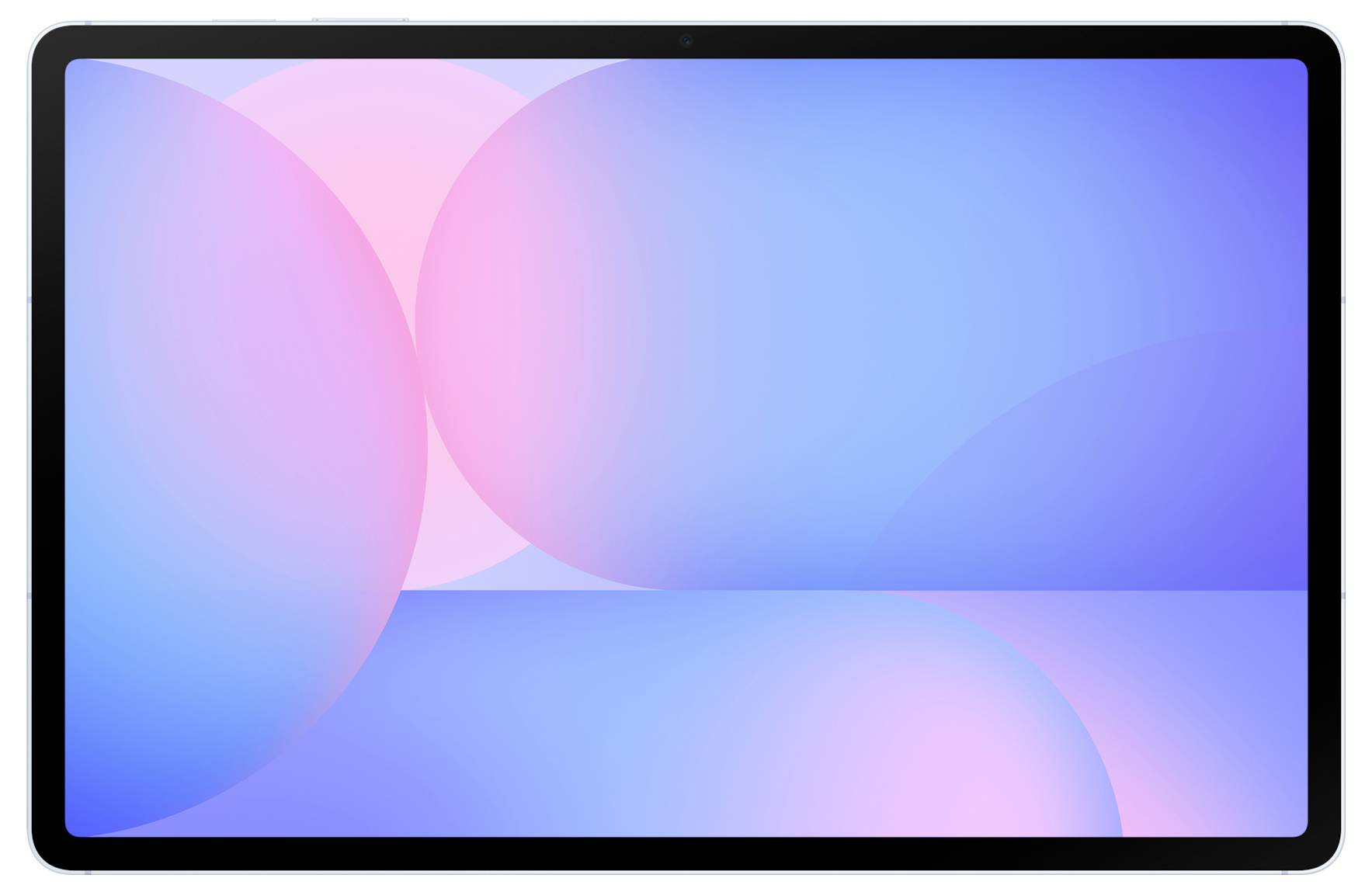 Digitální tablet zobrazující obrazovku s pastelem градиent měkkých růžů a modrých, vytvářející abstraktní pozadí.