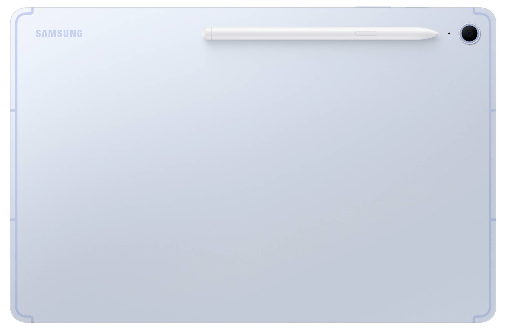 Světle modrý Samsung tablet pohled zezadu, vybavený stylusem připevněným nahoře a fotoaparátem v pravém horním rohu.