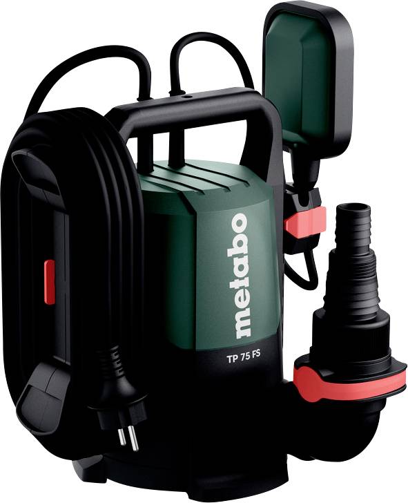 Ponorné čerpadlo s zeleným a černým designem, označené „metabo TP 75 FS", vybavené rukojetí, napájecím kabelem a připojením hadice.