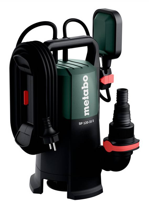 Přenosná elektrická ponorná čerpadla Metabo s rukojetí, napájecím kabelem, plovákovým spínačem a hadicovými přípojkami na bílém pozadí.
