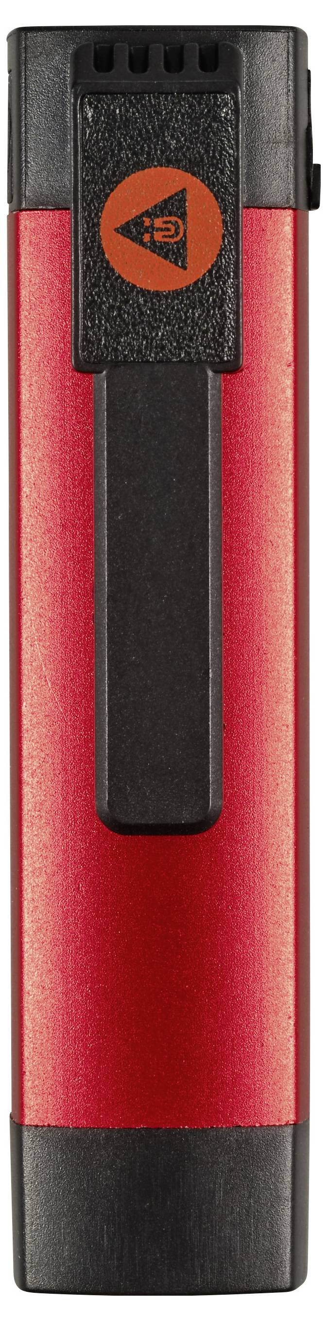 Červeno-černý USB flash disk s černou sponou a oranžovým logem na přední straně.