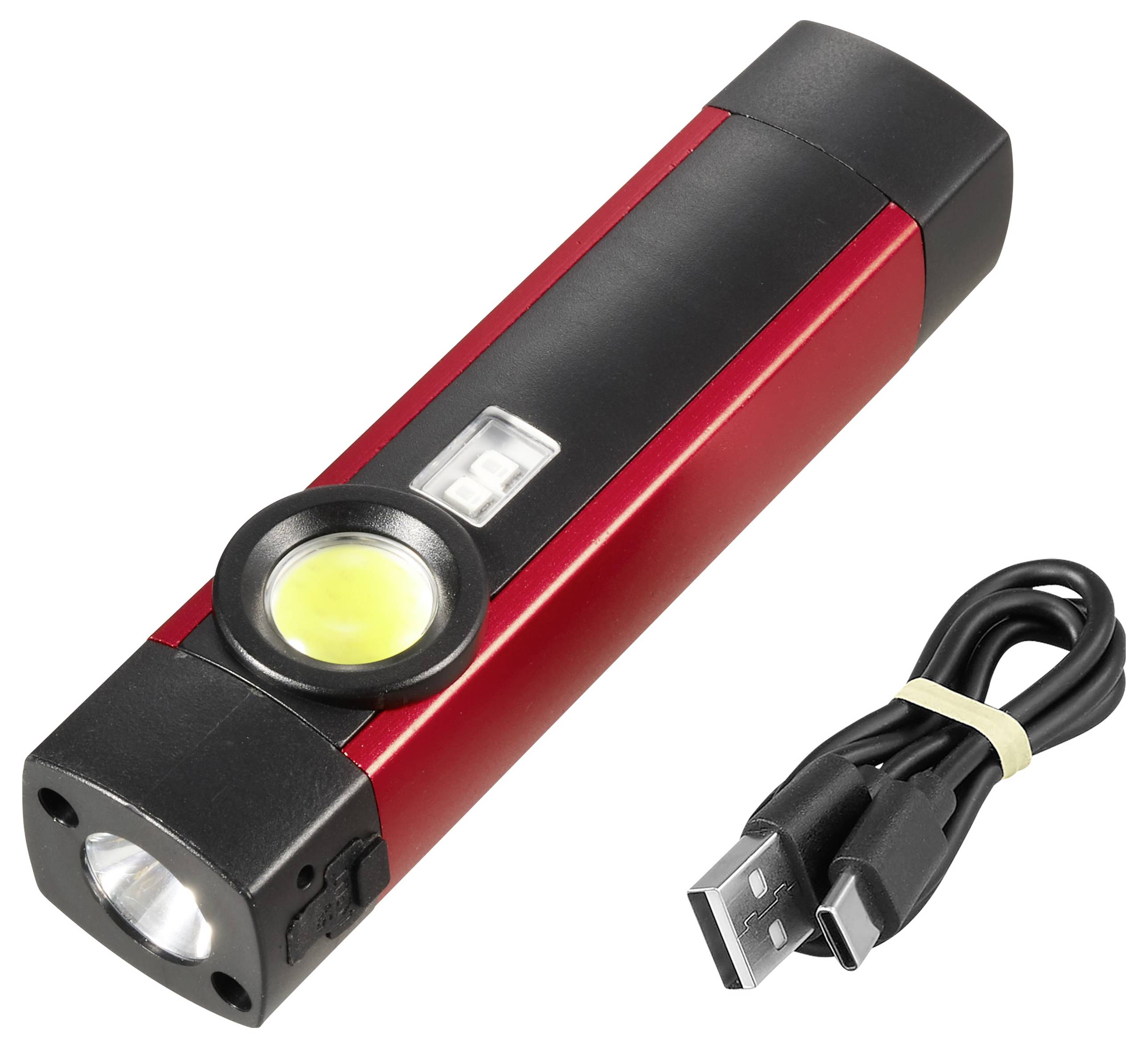 Červená nabíjecí svítilna se bočním COB světlem, předním paprskem a přiloženým USB nabíjecím kabelem.