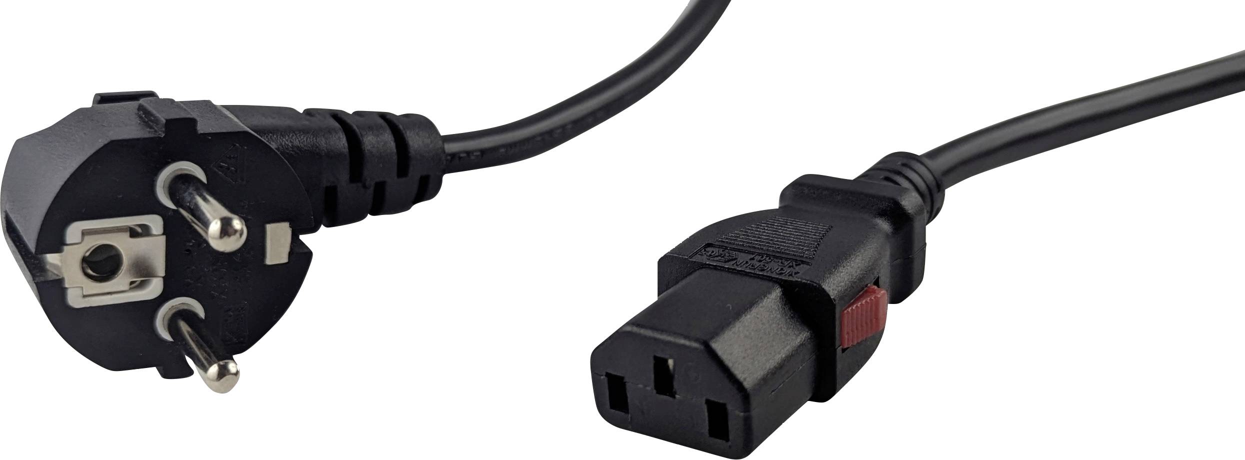 Černý kabel napájení s evropskou zásuvkou na jednom konci a obdélnikovým konektorem IEC na druhém konci.