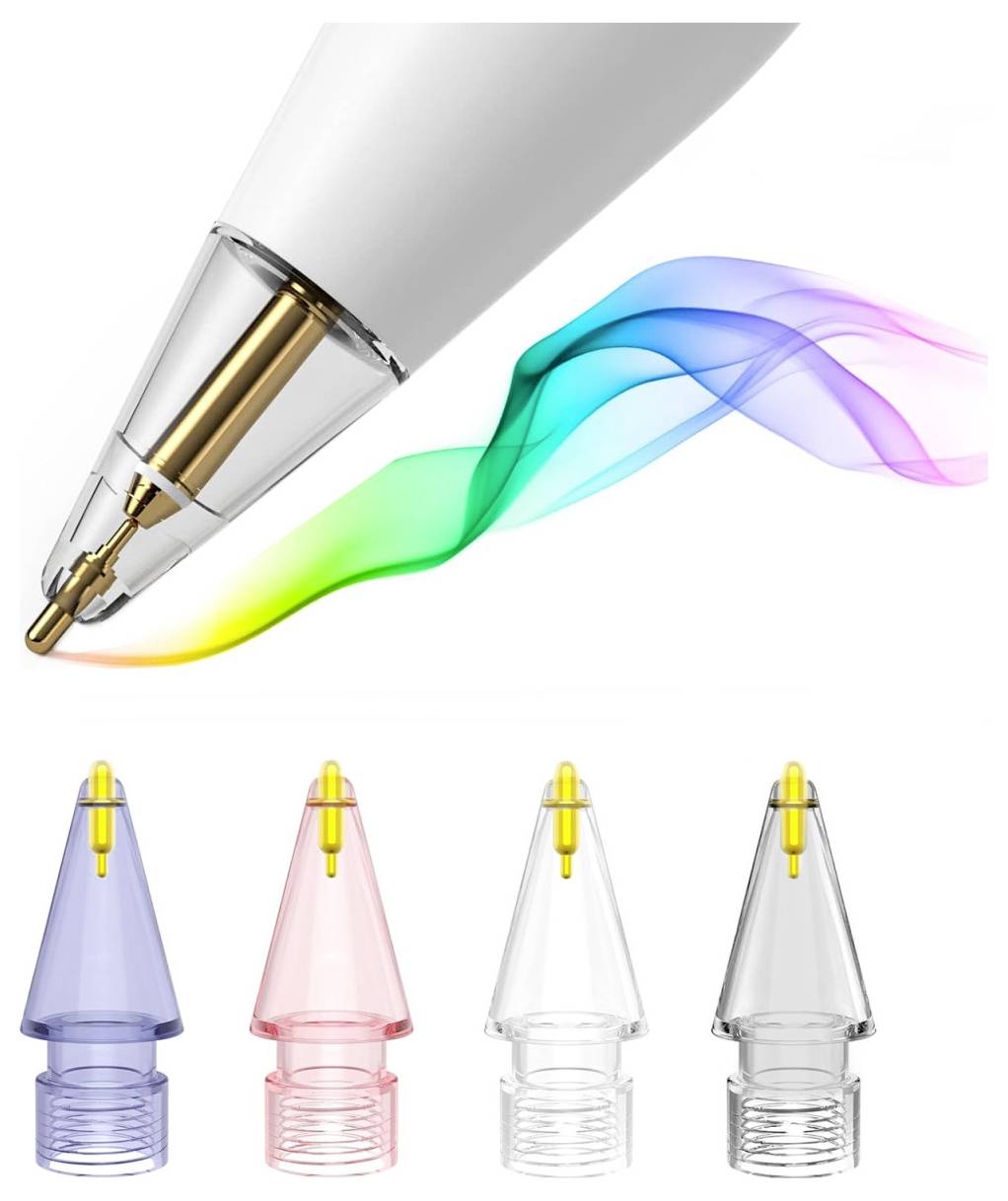 Detailní záběr stylus s hladkým, chromatickým vířením. Pod ním jsou čtyři různé hroty stylus v modré, růžové a čiré barvě.