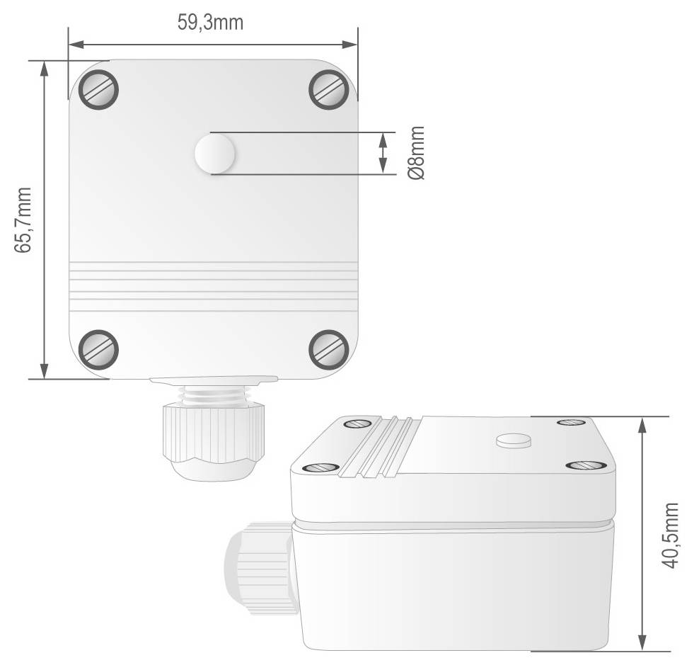 Technický nákres čtvercového obalu se detaily šroubů, rozměry 65,7 mm x 59,3 mm v horní části a hloubka 40,5 mm.
