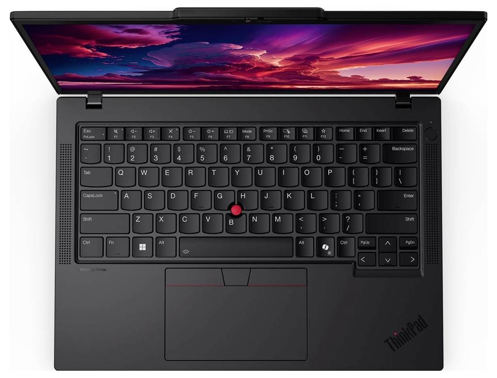 Černý laptop Lenovo ThinkPad otevřený s barevnou tapetou západu slunce, zobrazující klávesnici, TrackPoint, touchpad a obrazovku.