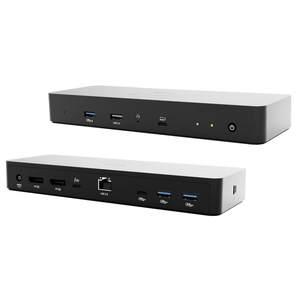 Černá dokovací stanice pro laptop s více porty včetně USB, HDMI a Ethernetu, zobrazená z přední a zadní strany.