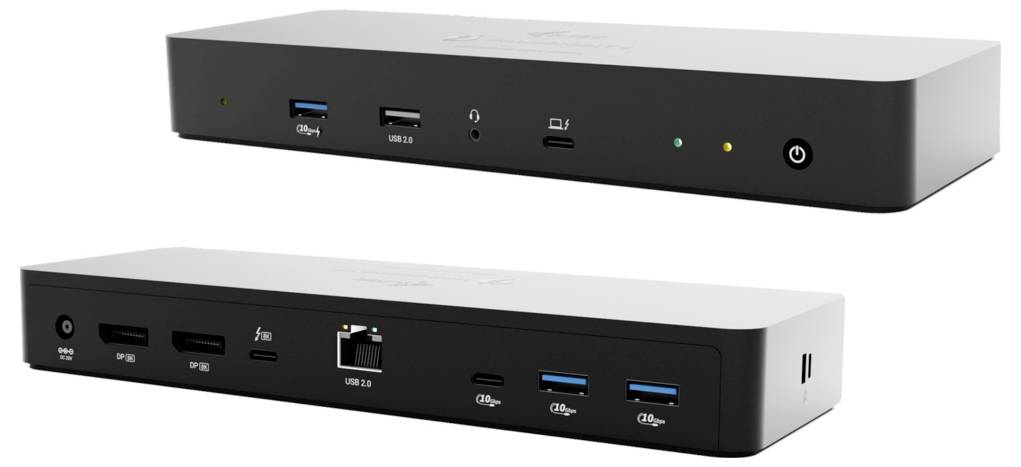 'Černá multi-portová dokovací stanice s porty USB, Ethernet, HDMI a audio, zobrazující pohled zepředu a zezadu.'