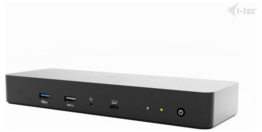 Černá dokovací stanice i-tec s porty USB, tlačítkem napájení a indikačními světly na přední straně.