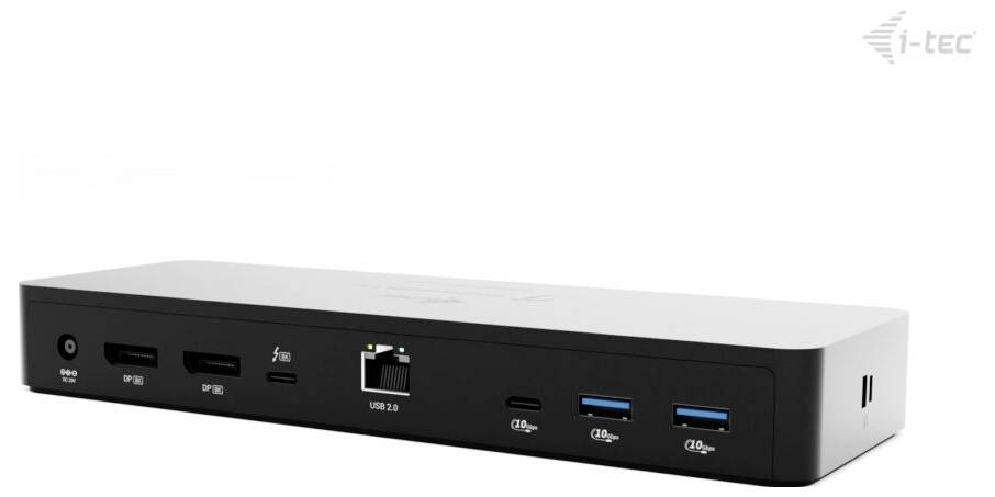 Černá dokovací stanice I-tec s více porty včetně USB 3.0, HDMI, Ethernet a zvuku, určená pro připojování periferií.