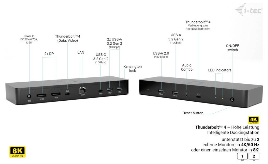Stanice 'Thunderbolt 4 High Performance Intelligent Docking Station' podporuje dva 4K/60Hz nebo jeden 8K/30Hz monitor. Zahrnuje více portů a kombinovaný audio výstup.