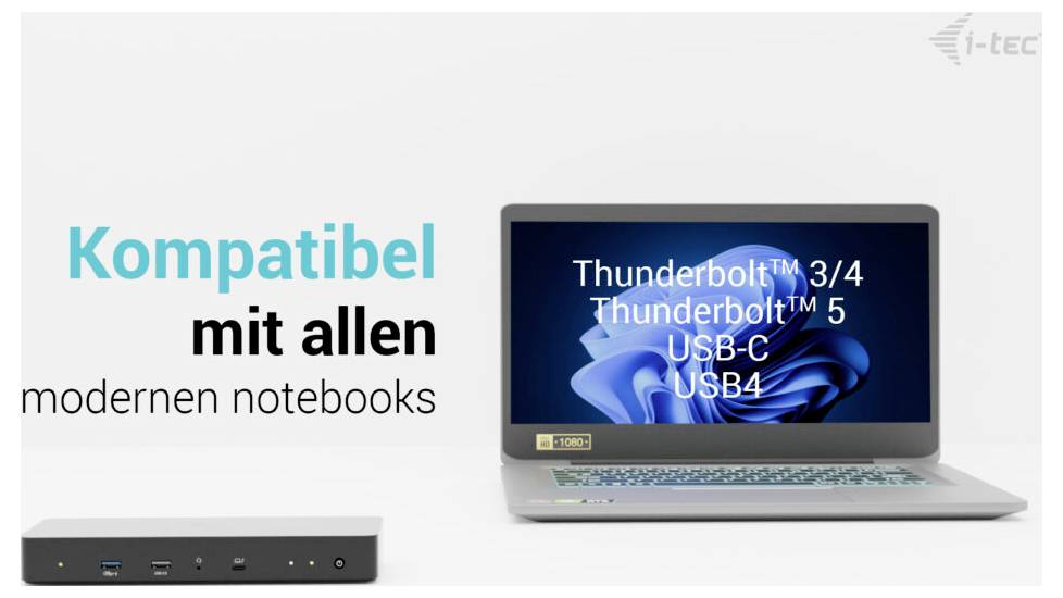 Přenosný počítač zobrazující možnosti připojení stojí vedle dokovací stanice. Text zní: „Kompatibilní se všemi moderními notebooky."