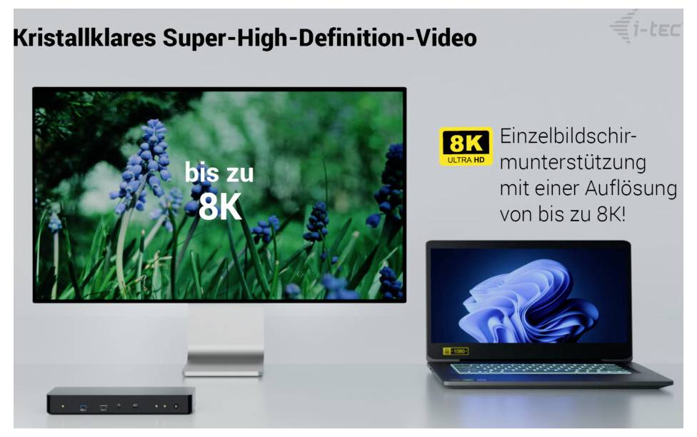 Počítačový monitor a displej notebooku zobrazují "až 8K", prezentující video vysoké definice. Text zdůrazňuje podporu jediné obrazovky s 8K ultra HD.