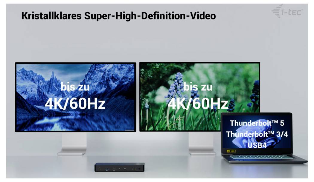 Dva monitory označené "až 4K/60Hz" s notebookem zobrazujícím "Thunderbolt™ 5 Thunderbolt™ 3/4 USB4". Text: "Křišťálově čisté video Super-High-Definition".