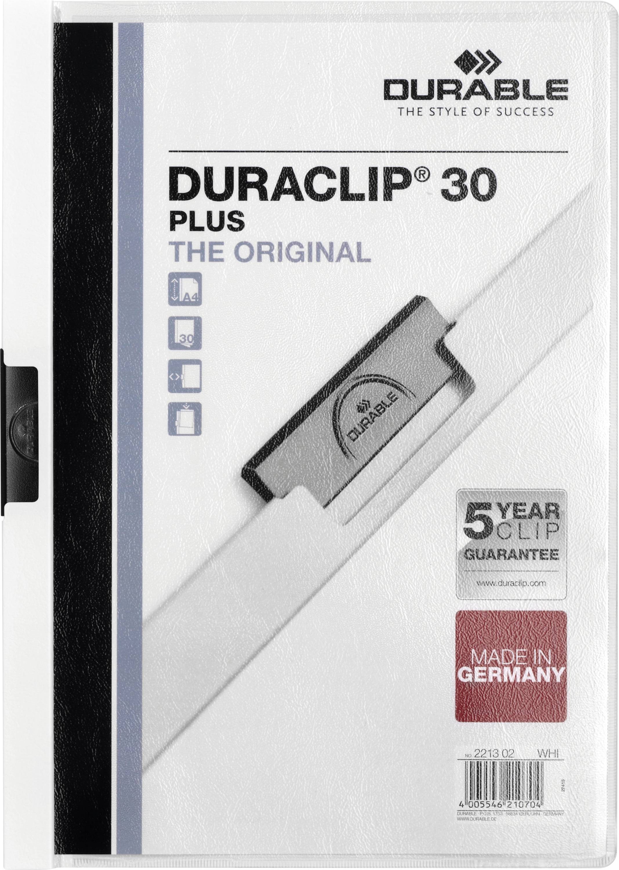Desky 'DURACLIP 30 PLUS' s klipem, text '5letá záruka na klip', 'Vyrobeno v Německu', ikony použití a logo Durable.