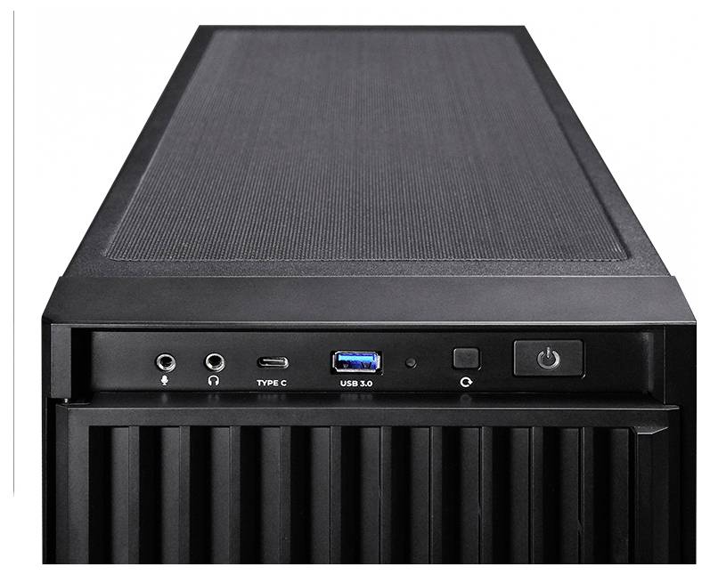 Přední panel skříně počítače zobrazující porty včetně audio jack konektorů, USB Type-C, USB 3.0 a tlačítek napájení.