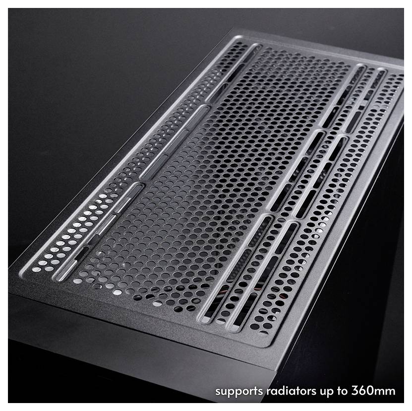 Horní panel počítačové skříně s ventilačními otvory, podporuje chladiče o velikosti až 360 mm, s děrovaným designem pro zlepšený průtok vzduchu.
