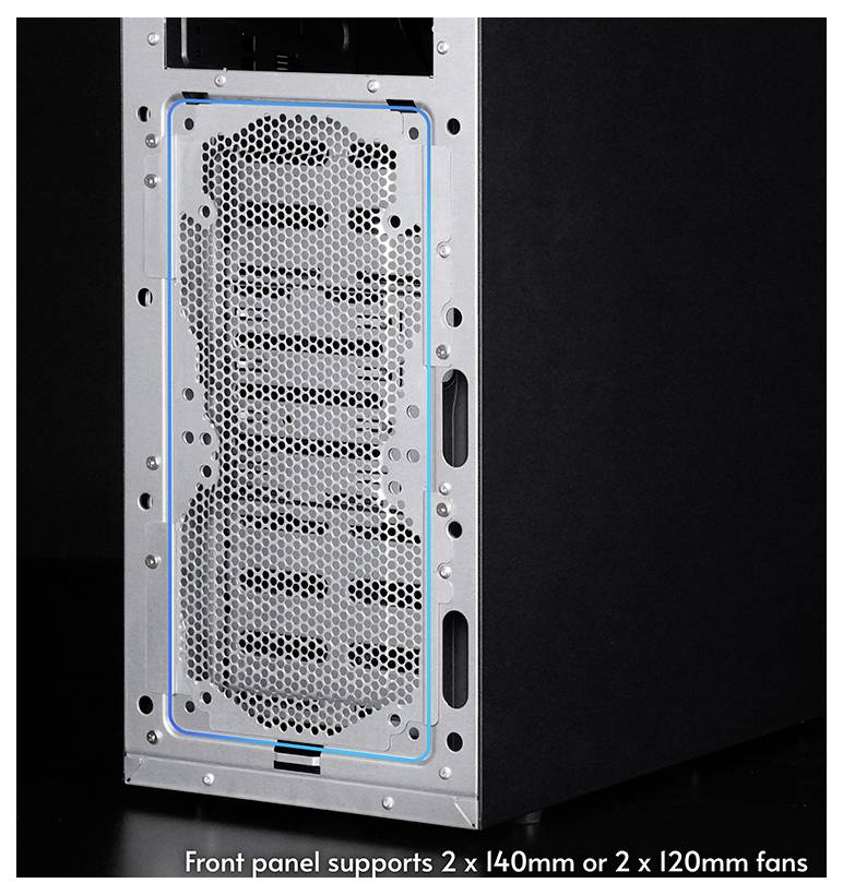 Přední panel podporuje 2× 140mm nebo 2× 120mm ventilátory. Obrázek ukazuje vnitřní pohled na přední stranu skříně počítače se zvýrazněnými otvory pro větrání.