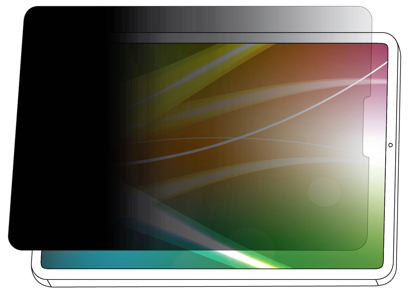 Filtr soukromí obrazovky částečně zakrývající tablet, zobrazující, jak filtr ztemňuje obrazovku z bočních úhlů pro ochranu informací.