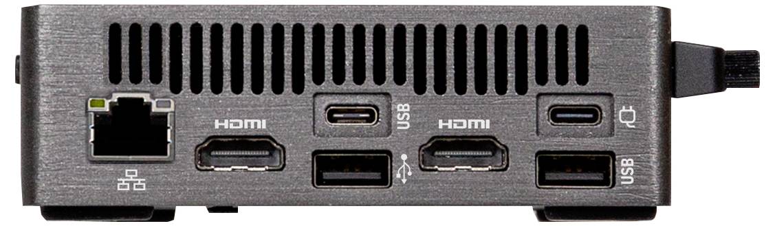 Obrázek ukazuje zadní panel počítačového zařízení s jedním portem Ethernet, dvěma porty HDMI, dvěma porty USB-C a dvěma porty USB-A.