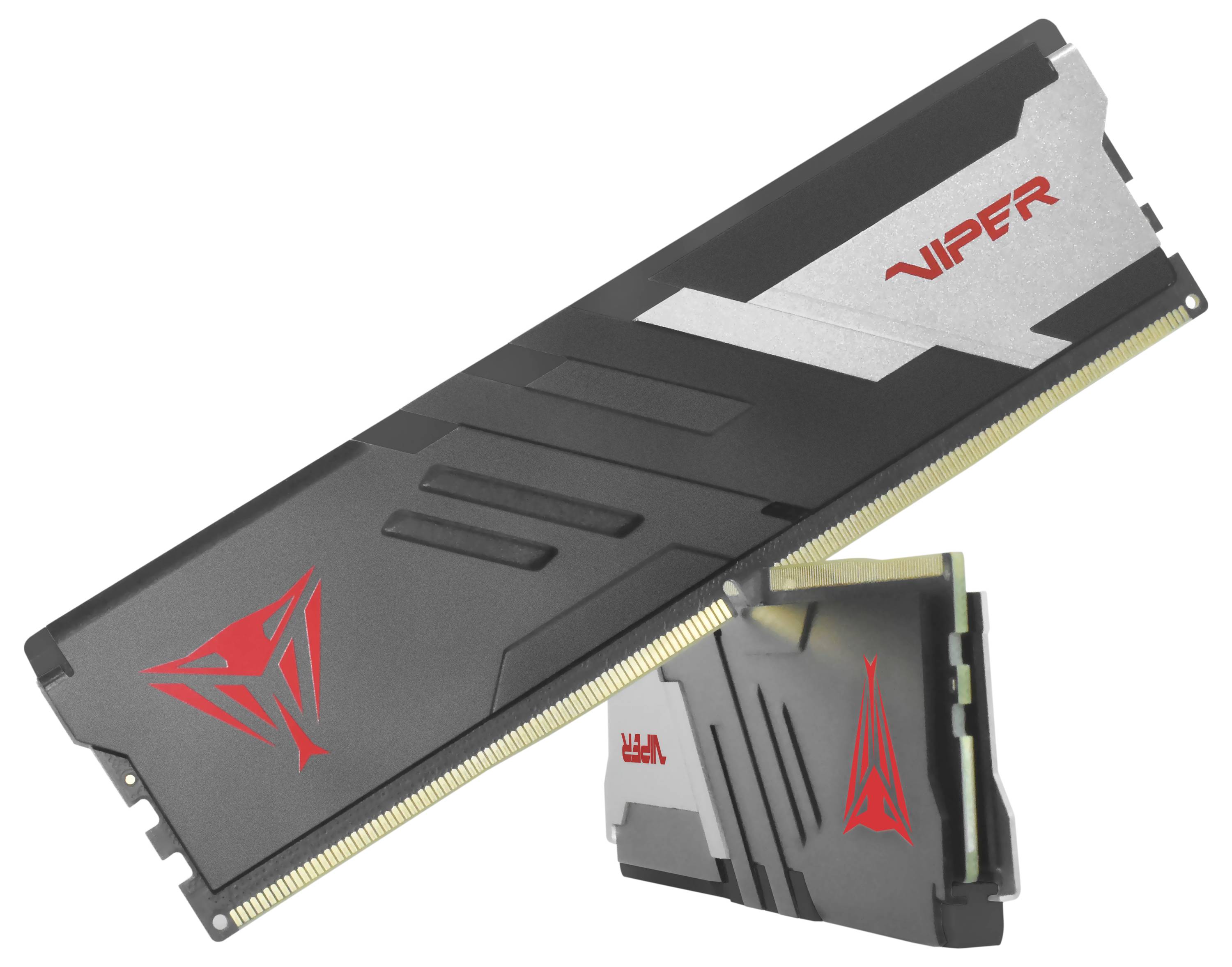 Pár paměťových modulů Viper DDR4 RAM s elegantním černým designem s červenými a stříbrnými akcenty, což naznačuje vysoký výkon.
