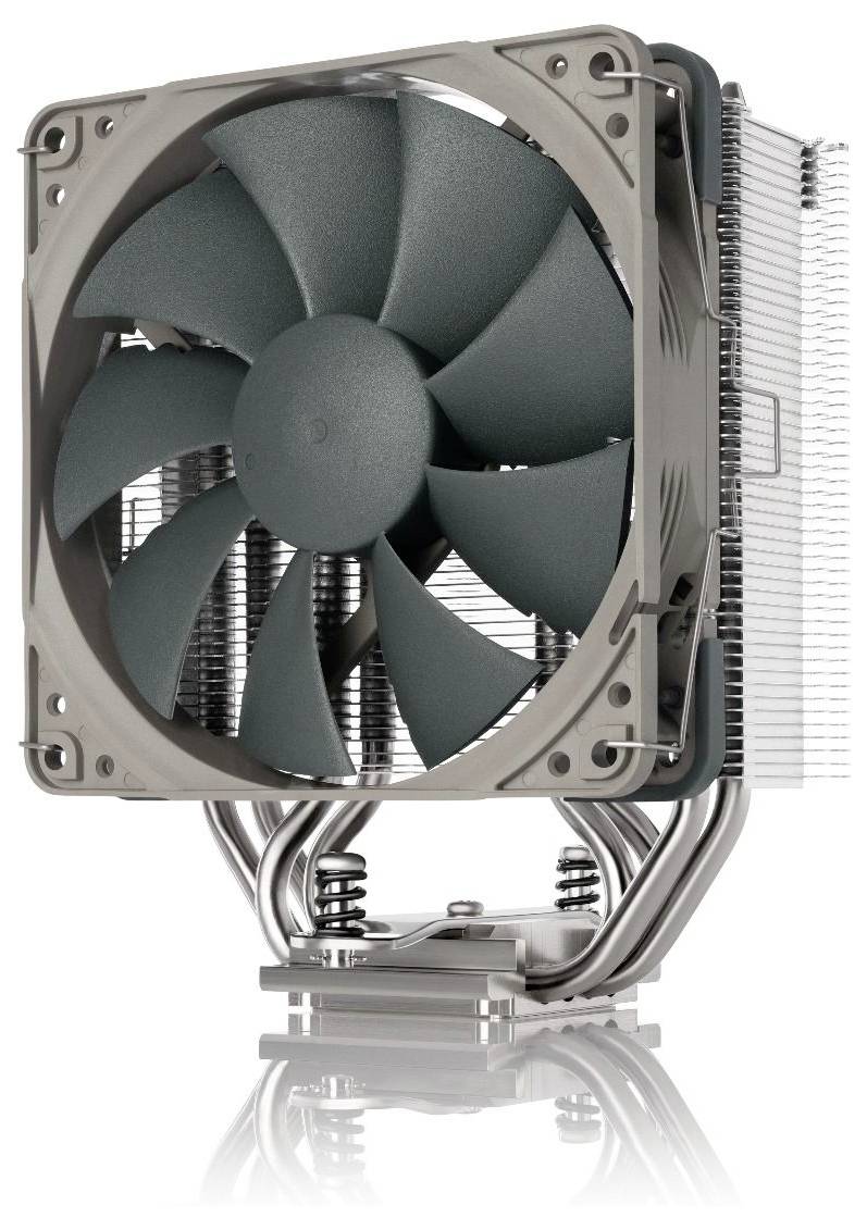 Velký chladič procesoru počítače s výrazným ventilátorem a kovovým chladičem, navržený pro efektivní odvod tepla v počítačových systémech.
