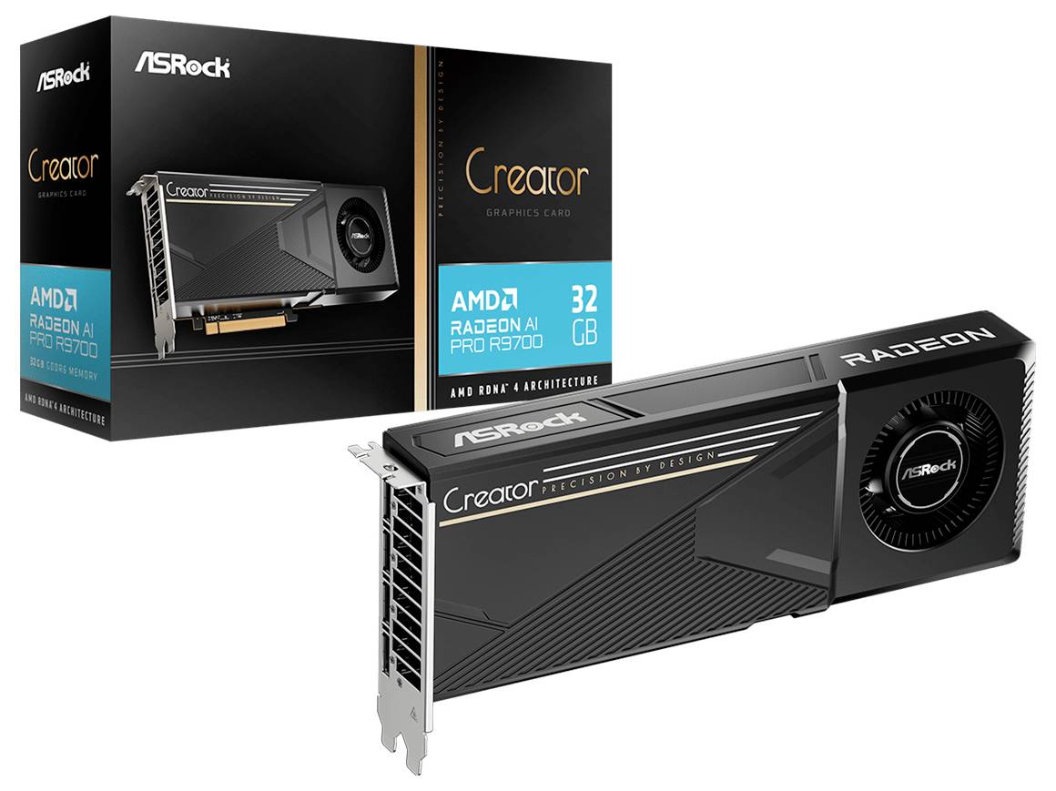 Grafická karta ASRock Creator, model AMD Radeon Pro W7900, 32GB. Zobrazeny design balení a karty.
