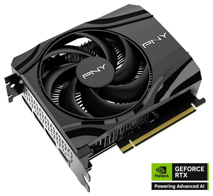 Černá grafická karta PNY GeForce RTX s velkým ventilátorem, pohled pod úhlem. Na štítku jsou zobrazena logo NVIDIA a text "Geforce RTX".