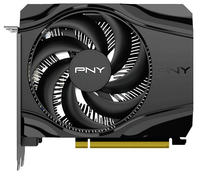 Grafická karta PNY s velkým viditelným chladícím ventilátorem, navržená pro instalaci do počítačového hardwaru, s elegantním černým vnějškem.