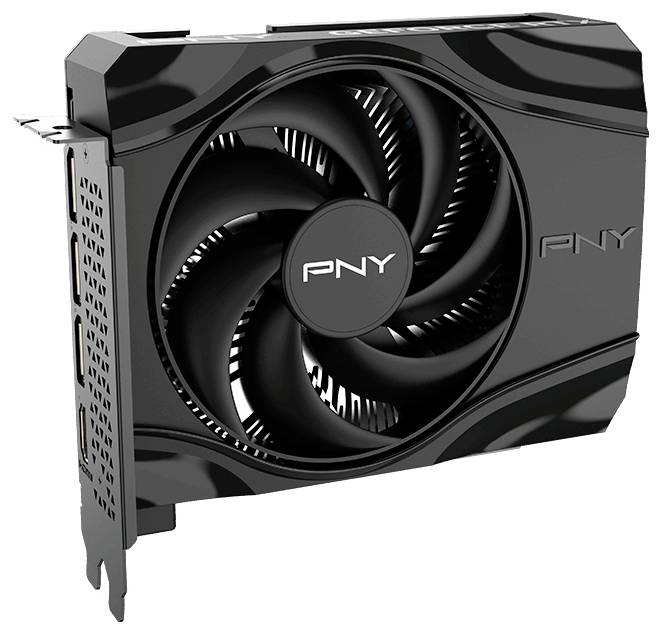 Černá grafická karta PNY s velkým centrálním ventilátorem, určená pro chlazení.