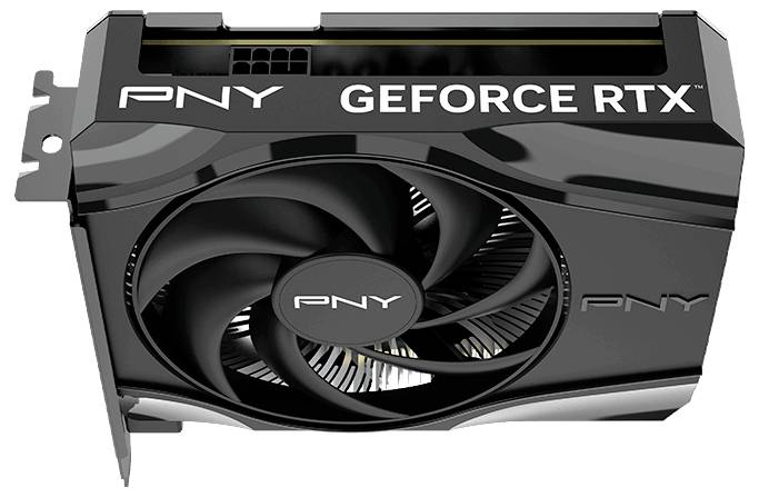Černá grafická karta PNY GeForce RTX s velkým chladícím ventilátorem, zobrazená z úhlu ukazujícího horní a boční stran.