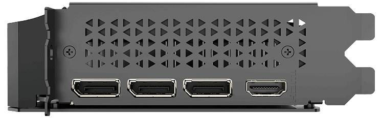 Porty grafické karty na počítači: tři DisplayPorty a jeden HDMI port.