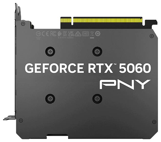 Grafická karta označená "GEFORCE RTX 5060 PNY." Karta má černý design s viditelným brandingem.
